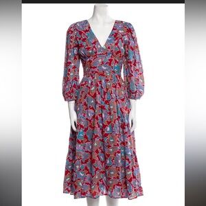Caroline Constas Red and Blue Floral Long Sleeve Dress